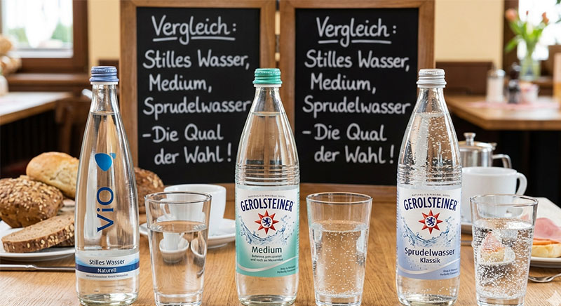 مقارنة بين أنواع المياه في ألمانيا (Stilles Wasser, Medium, Sprudelwasser)
