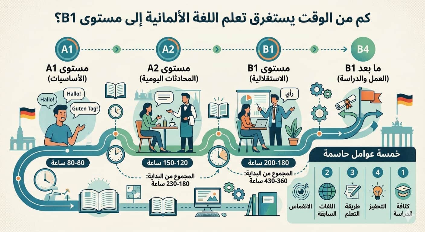 كم من الوقت يستغرق حقاً تعلم اللغة الألمانية إلى مستوى B1؟